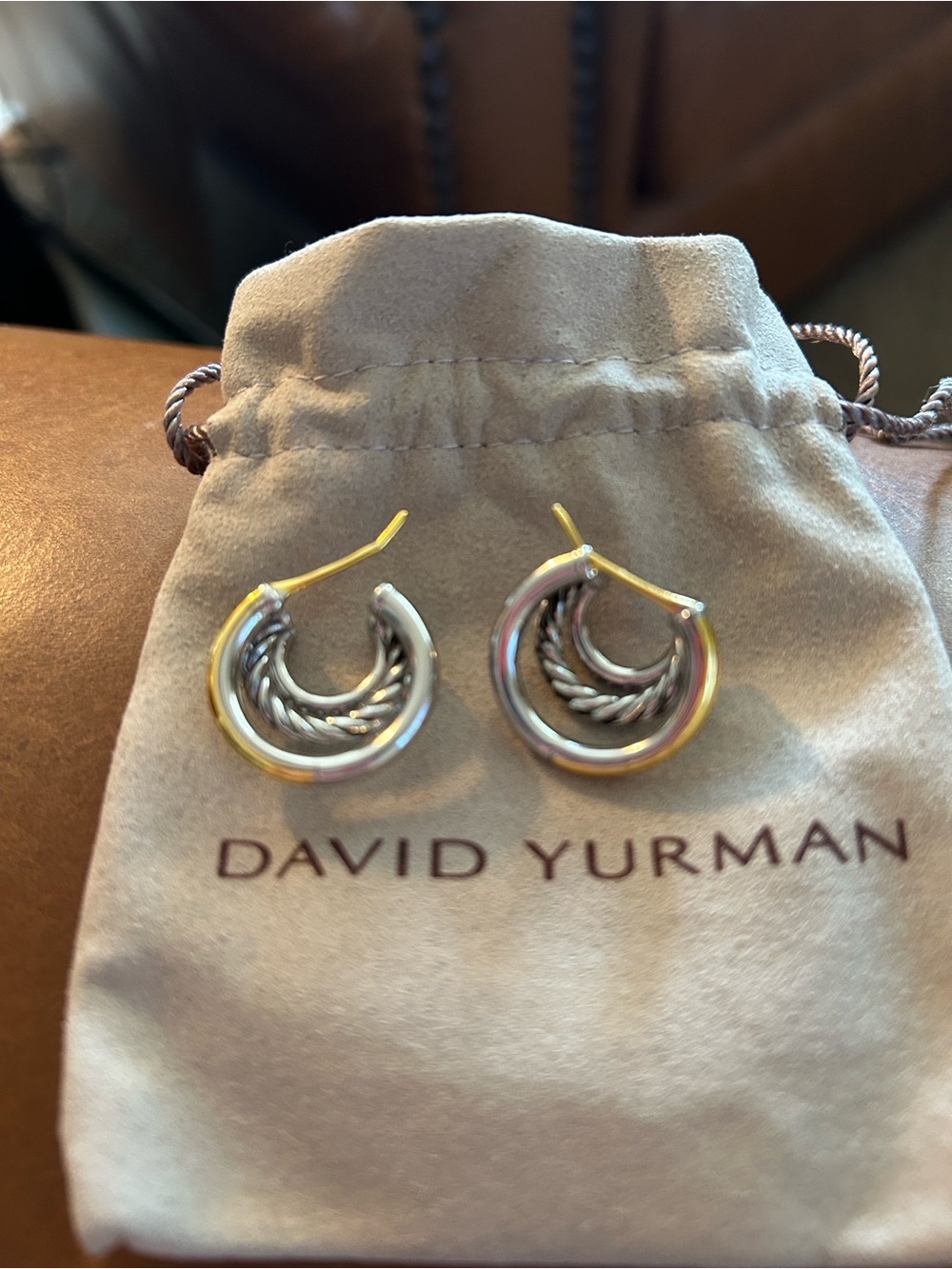 David Yurman Pave and 925/750 Three Cable  Hoop Earrings - Picture 2 of 8